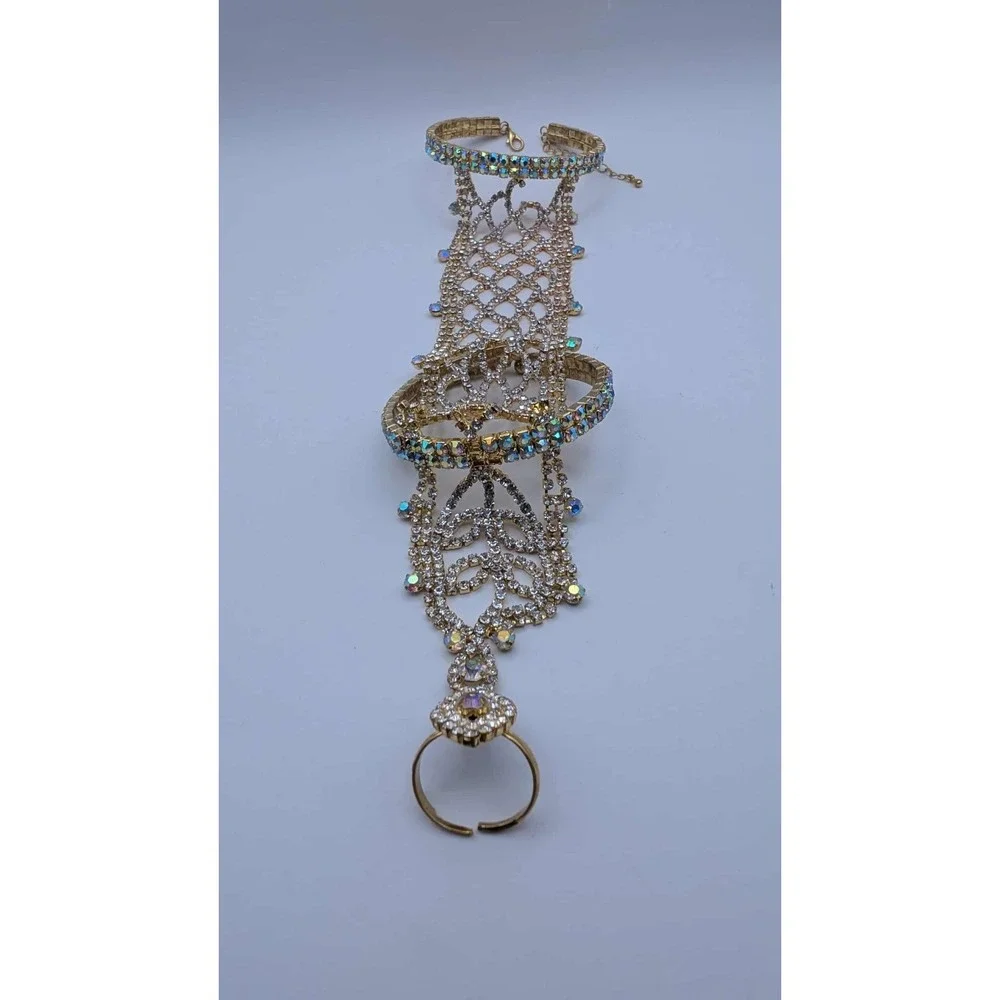 Adjustable Gold Toned‎ Ring To Cuff Bracelet With Rainbow Stone Accents